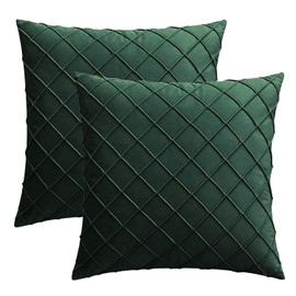 Set of 2 Luxton Pleated Velvet Cushion Covers Dark Green Home Decor Checked Pattern Cushion Covers for Lounge Sofa Couch Bedding Decoration (43x43cm, Moss Green)