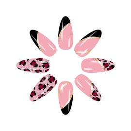 MERVF Press on Nails Almond Medium Black French Tip Fake Nails Glue ons Gold Acrylic Nail Leopard Print Design Wild Manicure Glossy 24pcs