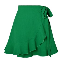 WEEPINLEE Women's Summer High Waisted Ruffle Wrap Tie Knot Short Mini Skirts (US, Alpha, Small, Regular, Regular, Dark Green)