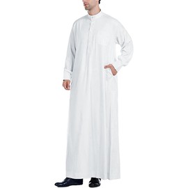 YAOHUOLE Thobe for Men Long Sleeve Casual Button Up Robe Side Split Muslim Kaftan Thobe with Pockets White L