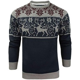 James Darby Mens Nordic Stag Festive Christmas Crew Neck Jumper - Long Sleeve, Navy - S