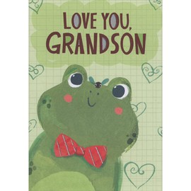 Designer Greetings Cute Frog Wearing Red and Silver Bowtie on Light Green Grid Pattern Juvenile Valentine's Day Card for Grandson