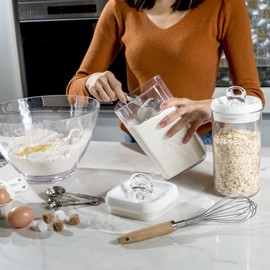 Felli Flip Tite Storage Container with Lid + Labels, Air Tight 5” LARGE-M Lock Top Canister for Food Rice Sugar Flour Protein Powder, Acrylic Stackable Jar Set for Kitchen Pantry Organizer (1.8 qt)