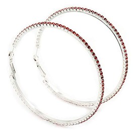 70mm D/Slim Red Crystal Hoop Earrings/Rhodium Plating/Oversized