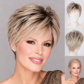 WIGYY Dark Root Ash Blonde Highlights Pixie Cut Wig for White Women – Short Curly Synthetic Wig with Bangs, Glueless New Cap Design, Lightweight Daily Wear Wig