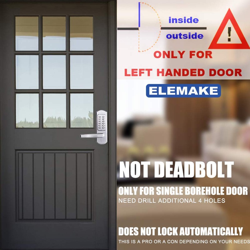 Elemake Left Handed Keyless Door Lock, Mechanical Keypad Door Lock