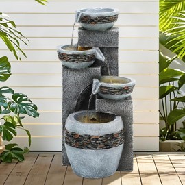 Autodaya 19.5" Tall 4-Tier Pedestal Outdoor Water Fountain with LED Lights and Pump, Relaxing Garden Fountain Waterfall for Patio, Porch, or Yard