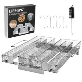 UIEEGPG Cold smoke generator made of stainless steel, economy cold smoke generator with handles for smoking meat fish, for smokers, smokers, kettle grill for cold smoking (22.5 x 21.5 x 4.5 cm)