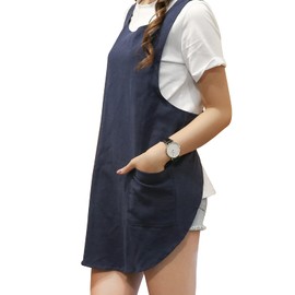 MeYuxg Apron, Japanese X Shaped Kitchen Cloths, Cotton and Linen, Blue - M, 2 Pockets, High Neckline Design, Customized, All Genders