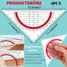 Geometry Triangle, Set of 4 Set Square Primary School, 180 Degree Prospactor, Geometry Triangle Transparent Set Square Flexible Set Square Small for Students Office Designer Painting (15.7 cm)