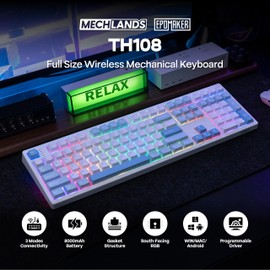 MechLands EPOMAKER TH108 Full Size Mechanical Keyboard, Wireless Gaming Keyboard, 8000mAh Battery, Creamy Gasket, 108 Keys, Hot Swap, Custom Driver, RGB Backlights (Blue&White, Creamy Jade Switch)