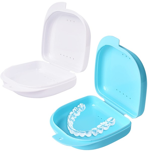 Y-Kelin 2 Pcs Retainer Case for invisalign Aligner, Partial Denture, Mouth Guard & Brace Boxes, Portable Container with Vent Hole(Light Blue+white)