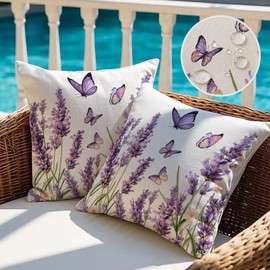 Vorysum Cushion Cover 45 x 45 cm Outdoor Waterproof Double Sided Purple Floral Pattern with Butterflies for Pool Area Garden - Purple 45 x 45 cm Set of 2