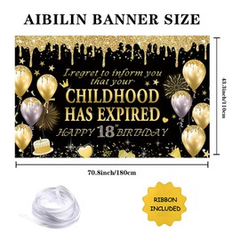 AIBIIN Black Gold 18th Birthday Backdrop I Regret to Inform You Your Childhood Has Expired Banner 18 Years Old Party Decorations Adult Ceremony Party Photo Props 6x3.6ft