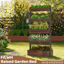 FILWH Wooden Raised Garden Bed Vertical Planter Box, Freestanding Plant Stand for Indoor Outdoor Plants, Herbs, Flowers, Vegetables, Gardening (Carbonized, 5-Tier，29.9 x 17.9 x 68in)