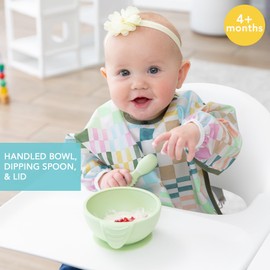 Bumkins Baby Bowl, Silicone Feeding Set with Suction for Baby and Toddler, Includes Spoon and Lid, First Feeding Set, Training Essentials for Baby Led Weaning for Babies 4 Months Up, Sage