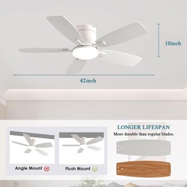 Ayaoty Ceiling Fans with Lights, 42 inch Low Profile Ceiling Fan with Light and Remote Control, Flush Mount, Reversible Motor, Dimmable, Noiseless, White Ceiling Fan for Bedroom, Indoor/Outdoor Use