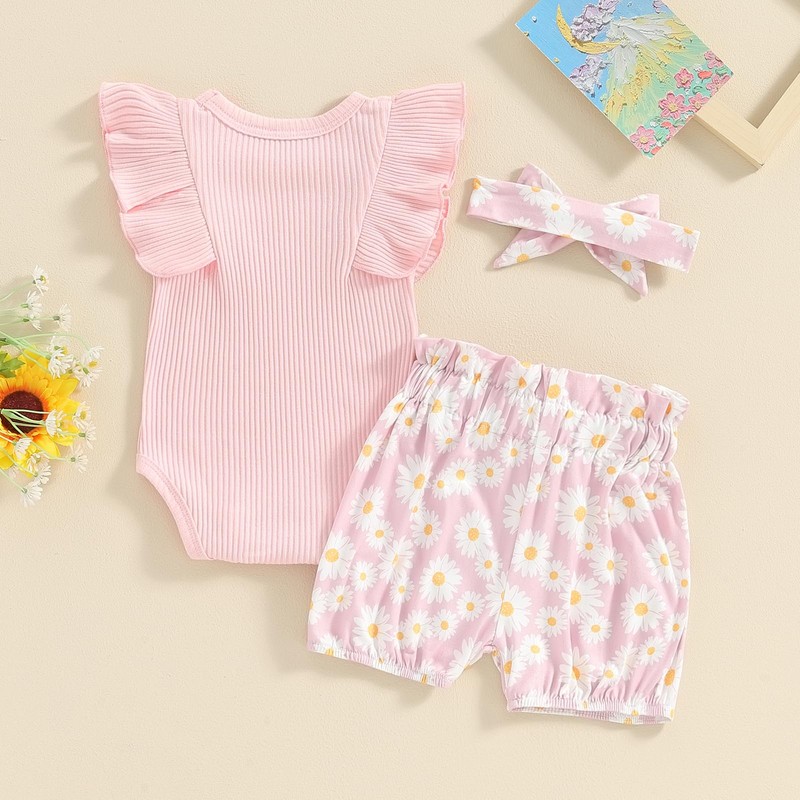 Newborn Infant Baby Girl Summer Clothes Rib Frill Short Sleeve