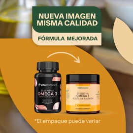 Essential OMEGA 3 Aceite Puro de Salmón con Vitamina E de 60 Cápsulas (2 meses) VitalBotanics. Suplemento para Hombre y Mujer a base de Aceite de Pescado. Suplemento Multivitaminico. El envase puede variar