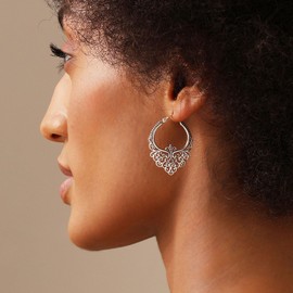 LeCalla 925 Sterling Silver Hoop Earrings Medium Large Antique Oval Filigree Hoops Earring for Women - 35MM