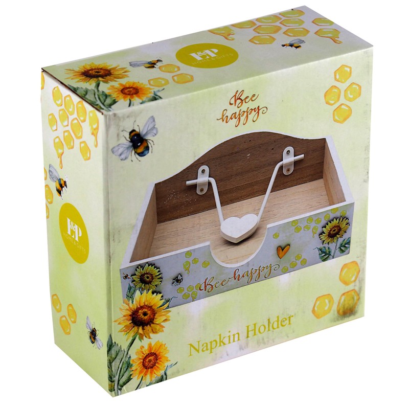 Bee Happy Sunflower Wooden Napkin Holder Organiser Heart Weight Summer
