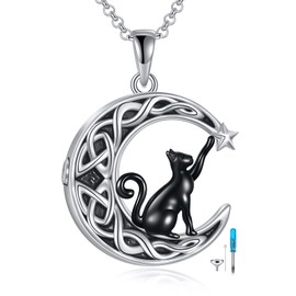 SHEAISRS Celtic Moon Black Cat Urn Necklace for Ashes Moon Cat Cremation Jewelry for Women Sterling Silver Cat Jewelry Moonstone Necklace for Cat Lovers