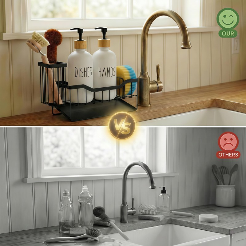 Kitchen Dish Soap Dispenser Set with Sponge Holder, 12OZ Glass