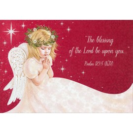 Designer Greetings Praying Angel Child with Crown of Gold Foil Flowers on Red Box of 15 Religious Christmas Cards