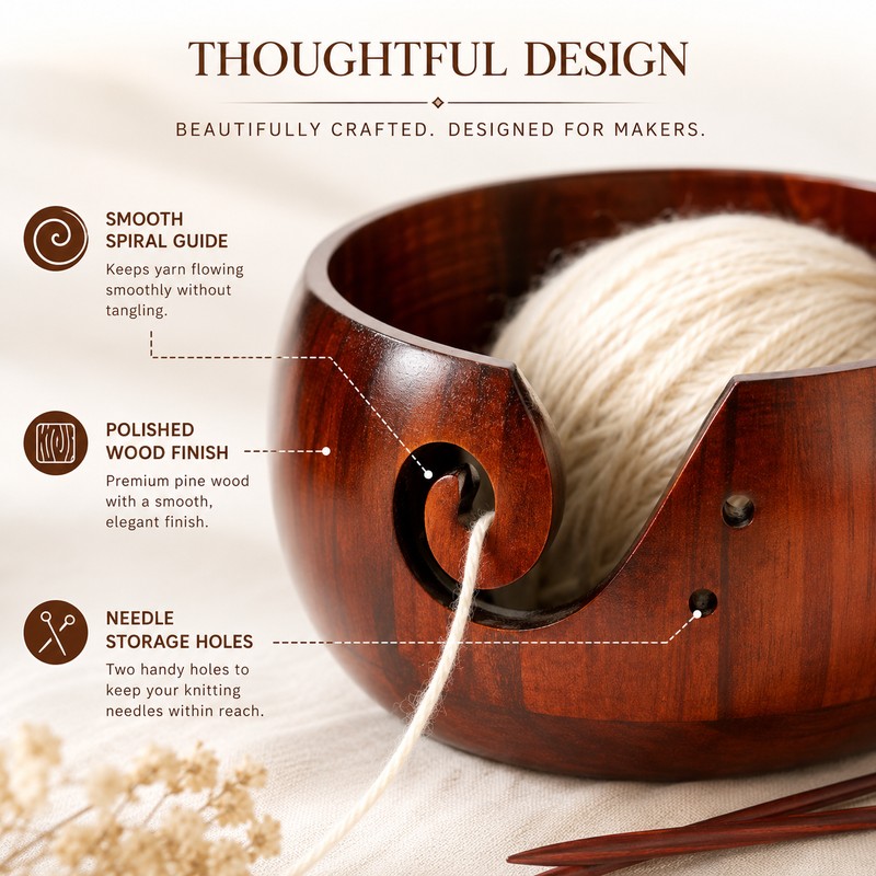 Wooden Yarn Bowl for Crochet & Knitting – Portable Pine