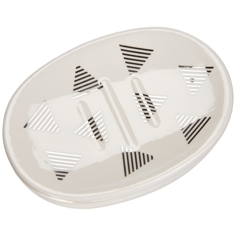 AWD Soap Dish, Ceramic with triangular pattern, White and Silver,