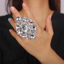 Wiwpar Gold Plated Vintage Big Crystal Leaves Flower Ring Boho Flower Cocktail Statement Adjustable Open Band Ring Rhinestone Costume Finger Ring Jewelry Accessories for Women Brides Wedding Party,