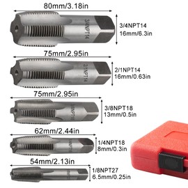 ZoZoMaiy 5 Piece NPT Pipe Tap Set, 3/4", 1/2", 3/8", 1/4", 1/8" NPT Tap, HSS High-Speed Steel Threading Plumbing Tap Set for Clean Accurate Threads, for Plumbers, Mechanics & DIY - with Storage Box