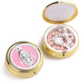 HanlinCC Pink Glass Pearl Beads Catholic Rosary Necklace for Women with Gold Miraculous Gift Box (Pink)