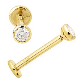 16G 14K Yellow Gold Bezel Set 2.5mm Moissanite Labret Monroe Stud 10mm Post Flat Disk Bottom Lip Ring Tragus Stud Internally Threaded 14KLBRT-BZ25MNT10YG
