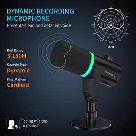 FEELWORLD PM1 XLR USB Dynamic Microphone with Desktop Stand for Podcast Recording PC Computer Gaming Live Streaming Vocal Voice-Over, Studio Metal Mic, RGB Light, Mute Button, Headphones Jack