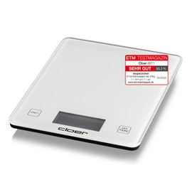 Cloer 6871 Digital Kitchen Scales for up to 10 kg, Weighing Function, Weight Measurement in 1 g Increments, Quantity in Grams, Millilitres or Ounces Possible, Glass Surface, LCD Display, White