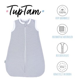 TupTam Baby Summer Sleeping Bag - Lightweight Sleeping Bag Baby Summer 0.5 TOG Made of Cotton, Oeko-Tex Certified, Unisex, Grey stripe pattern
