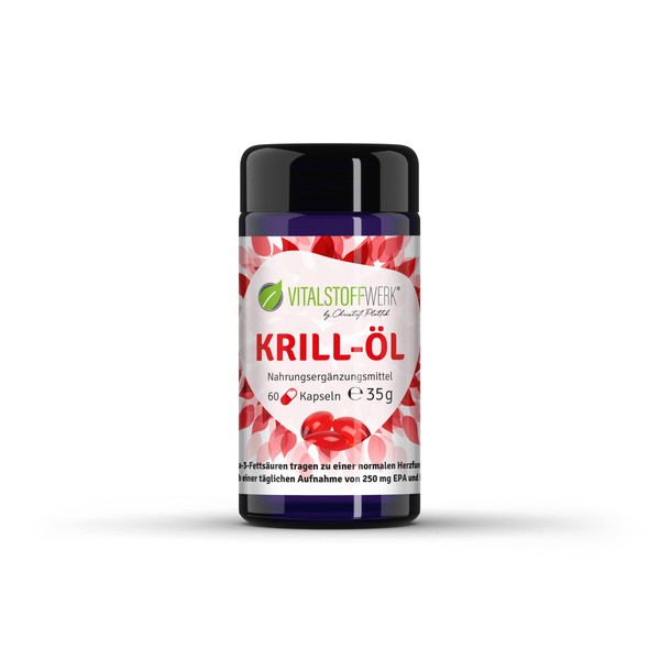 Krill Oil, VITALSTOFFWERK®, 60 Pieces Krill Oil Capsules, High Dose Omega-3 Fatty Acids, Polyunsaturated Fatty Acids Omega 3 Capsules, No Additives from Antarctica