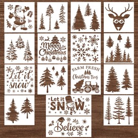 Christmas Stencils Template,16pcs Christmas Pine Trees Snowflake Elk Santa Reusable Drawing Stencils,Let it Snow Sign Painting Stencils Template for Wood Card Making DIY Crafts Xmas Decoration