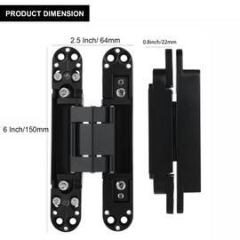 2 Set 6 Inch Hidden Door Hinges Zinc Alloy Heavy Duty Invisible Hinge 180 Degree Swing Concealed Hinge 3 Way Adjustable Butt Hinge 6 x 2.5 x 1 Inch Black (2 Hinges)