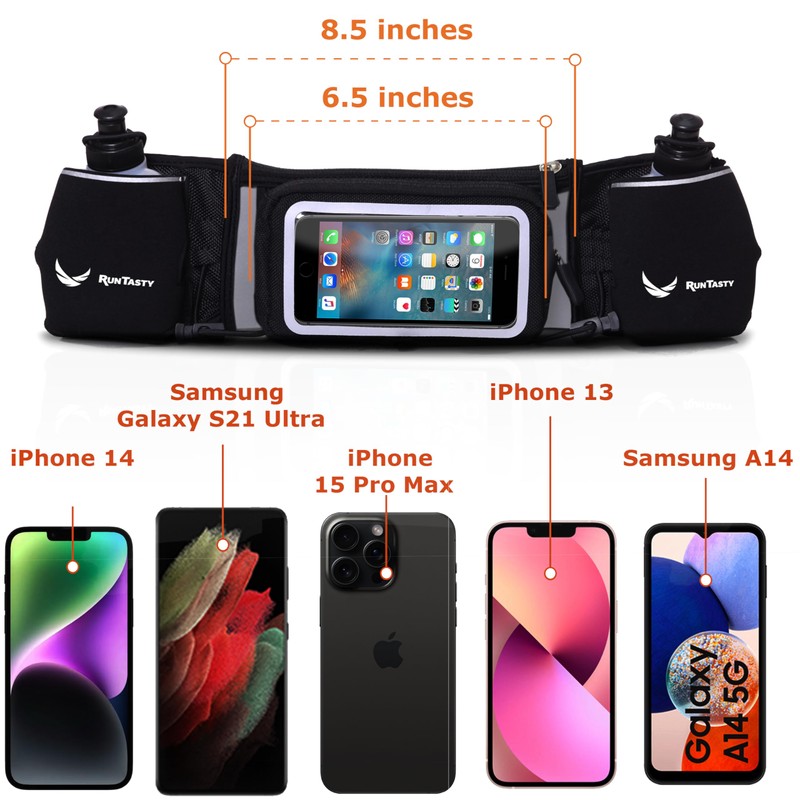 Winners' Dual Pocket Hydration Running Belt; Fits All Smartphones w/Touchscreen-Compatible