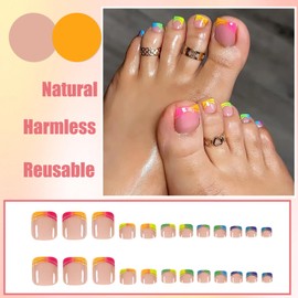 Ceboic Pack of 24 Artificial Toenails for Sticking, 12 Sizes Rainbow Edge False Toenails, Full Cover False Toenails Set, Acrylic Toe Nails for Women and Girls, DIY Manicure