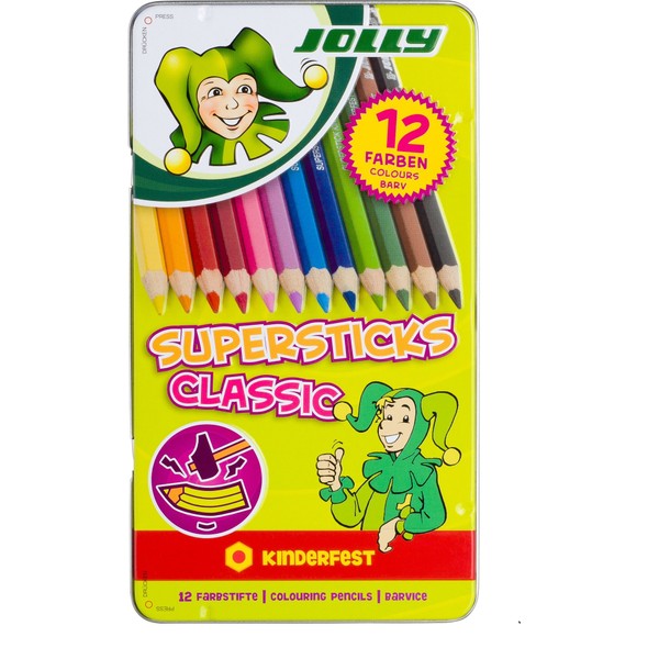 Jolly Supersticks Premium European Colored Pencils with Tin Carrying Case; Set of 12, Arts and Crafts, Perfect for Adult and Kids Coloring