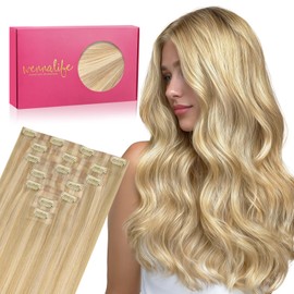 WENNALIFE Seamless Clip In Hair Extensions, 20 Inch 7pcs 150g Light Blonde Highlighted Golden Blonde Hair Extensions Clip In Real Human Hair Extensions Invisible PU Weft Human