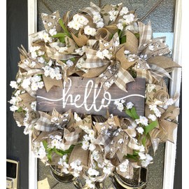 Southern Charm! HELLO Magnolia & Cotton, Deco Mesh Front Door Wreath, Farmhouse Farm Style Decor, Porch Patio Decoration, Fall, Spring, Summer, Everyday Wedding Decor
