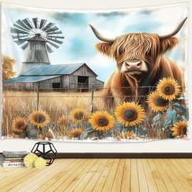 JAWO Cow Tapestry, Longhorn Highland Cow Wall Decor Aesthetic, Funny Western Farmhouse Sunflower Wall Decor Rustic Country Gray Bull Cattle Tapestry for Living Room Home Decor, (60X40)