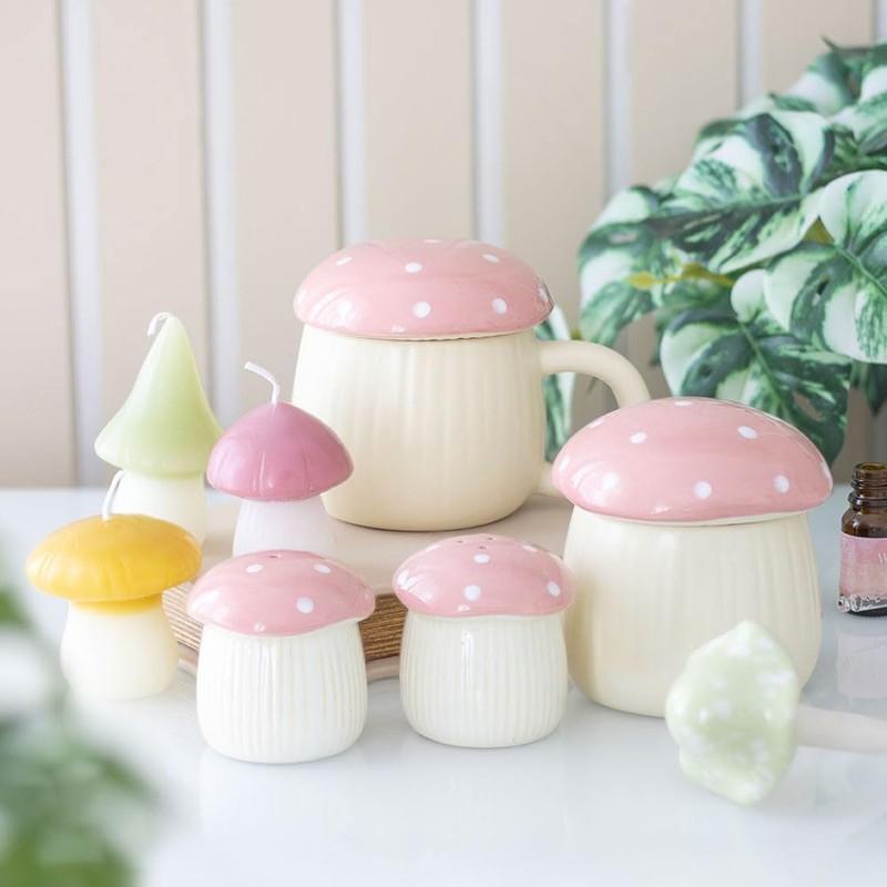 Whimsical Ceramic Mushroom Salt and Pepper Shakers Set, Pink and