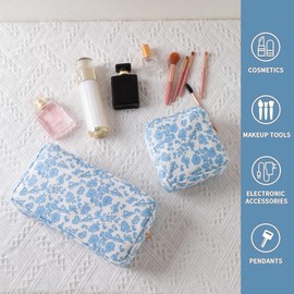 Makeup Bag for Purse Small Cosmetics Bag Corduroy Cute Cosmetic Pouch for Women (2PC Beige Strawberries)