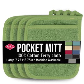 RITZ Terry Pocket Mitt & Hot Pad: Heat Resistant, Durable 100% Cotton – Ergonomically Designed for Optimal Grip, Easy-Care Machine Washable, Perfect for Your Kitchen – Cactus Green, 4-Pack