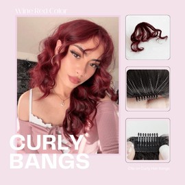 VAVANGA Wine Red Wispy Curly Bangs Hair Clip, Synthetic Hair Curly Bangs Clip on Swoop Curtain Bangs Fringe With Temples Air Bangs Fake Fringe Bangs Hair Piece for Women(#99J)